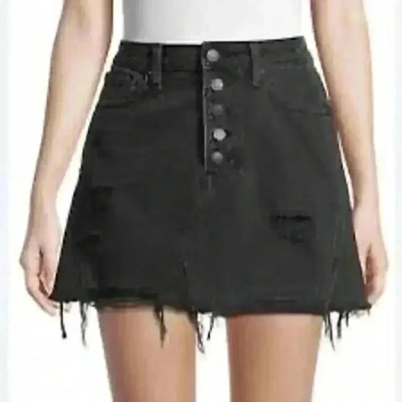 Free People Black Distressed Denim A-Line Mini Skirt Button Fly Sz 26 - Picture 2 of 7